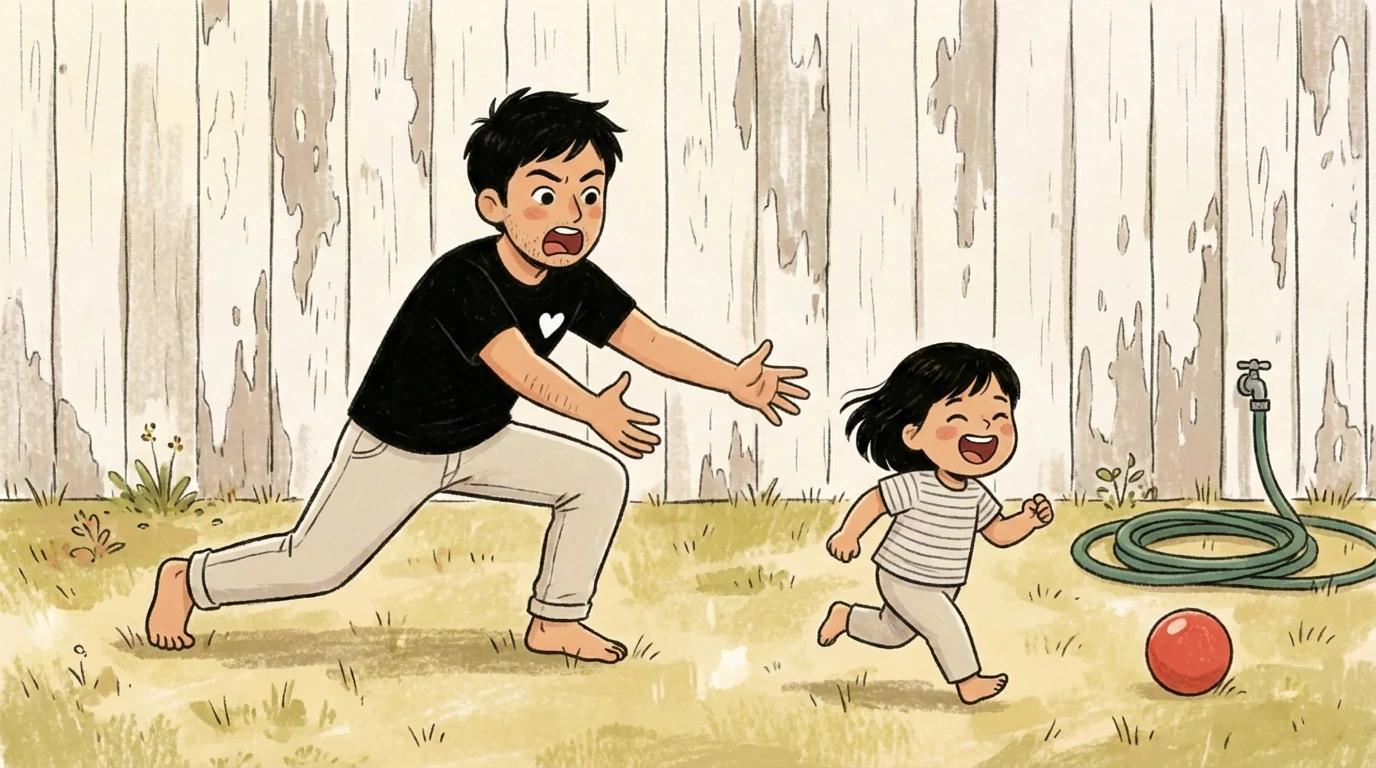 Parent and toddler playing barefoot chase in backyard - safe-and-social nervous system state