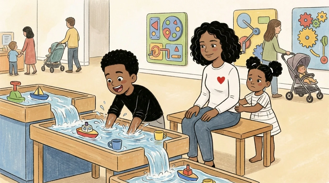 Children at a sensory water table in a children's museum, different temperament types explored through play