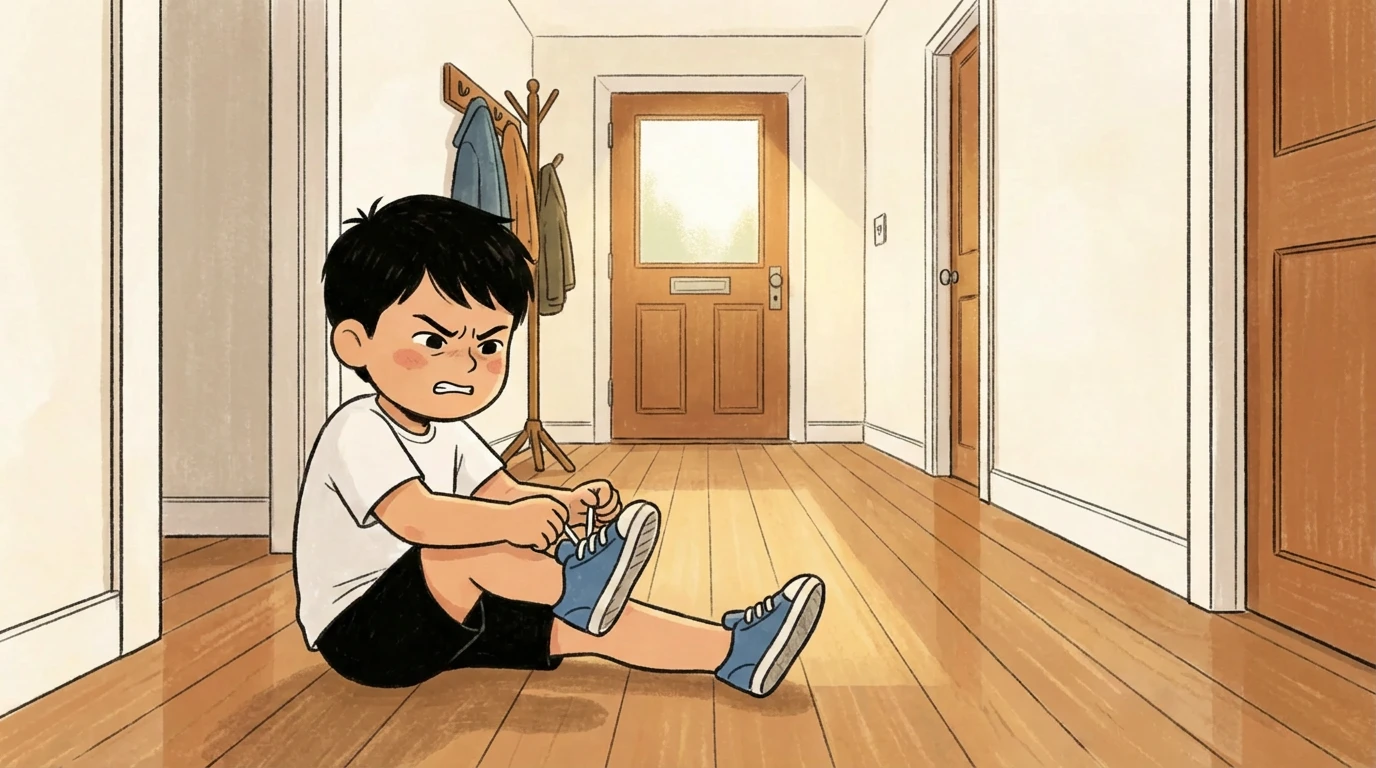 Young child on hallway floor struggling to tie his shoelace, how temperament shapes response to challenge