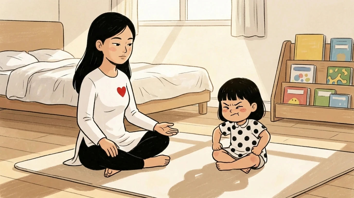 Mother sitting cross-legged facing a resistant toddler in a sunlit bedroom with a bookshelf nearby