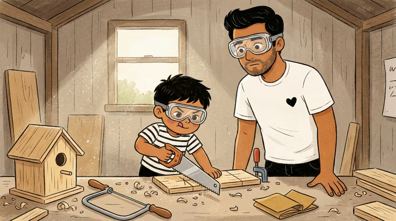 Father and son in safety goggles sawing wood at a workshop bench, supporting a child by following their wiring
