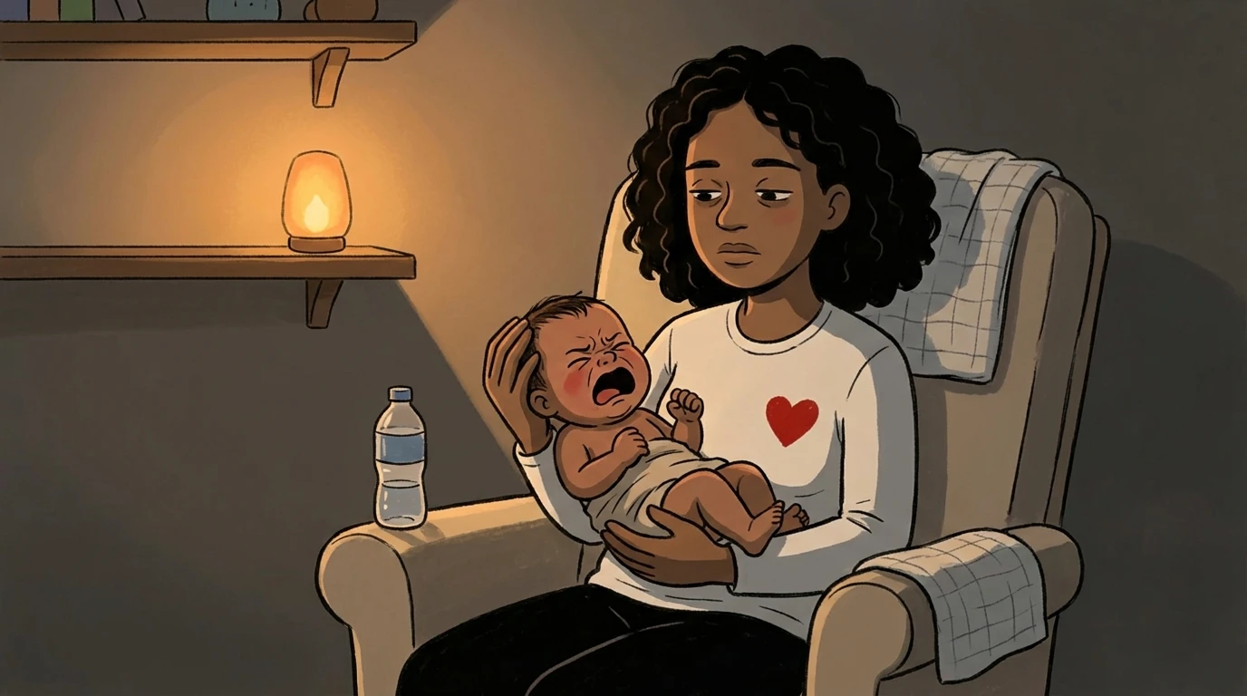 A parent in a dim room holding a crying baby while seated in an armchair with a small lamp glowing nearby.