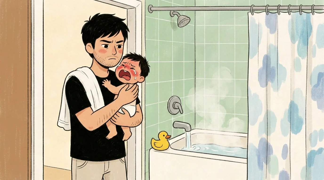 A father holding a crying baby upright in a bathroom doorway beside a filling tub and rubber duck.