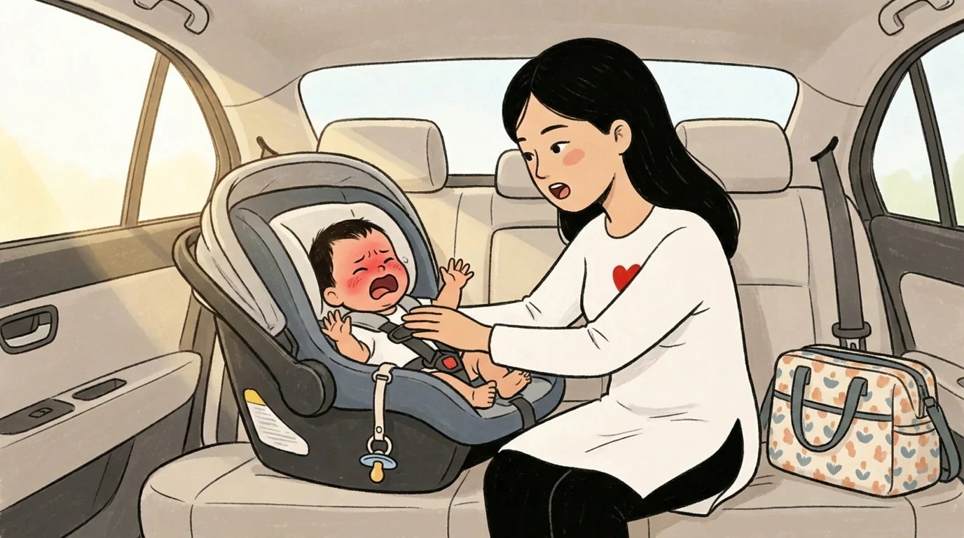 A parent leaning into the back seat soothing a crying baby strapped in an infant car seat.