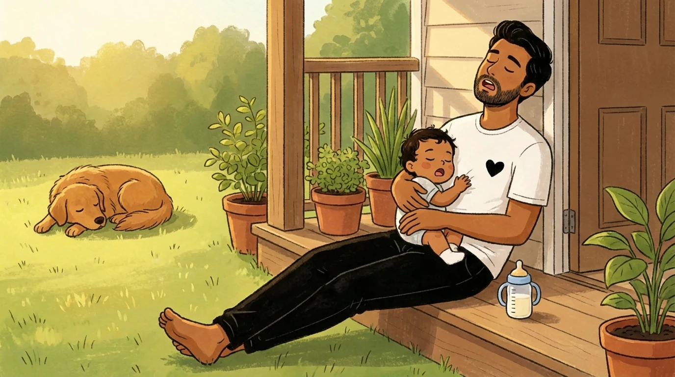 A parent on porch steps cradling a calm baby, each responsive moment quietly grows their brains.