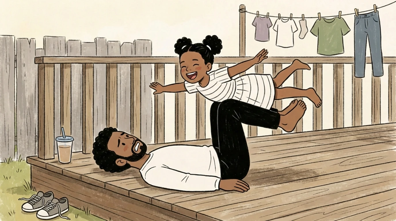 A parent lies on a wooden deck as a young child spreads arms wide overhead during active free play outdoors