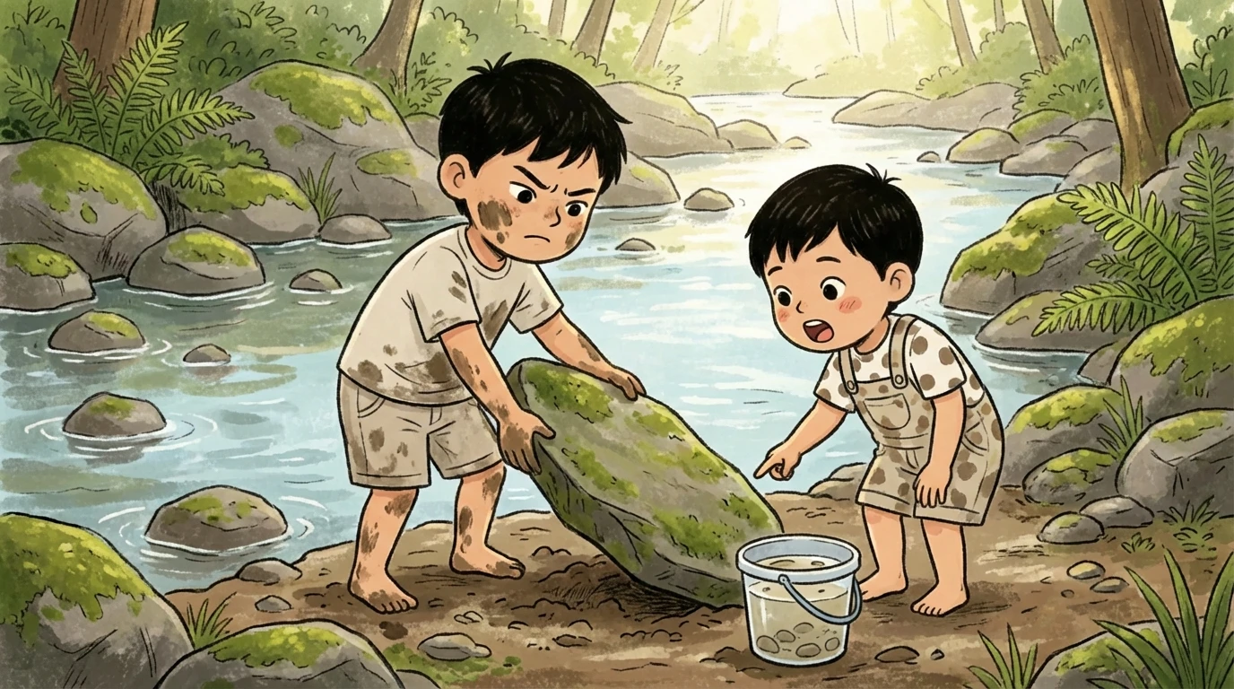 Two boys work together to lift a large rock by a stream during unstructured outdoor play in the woods