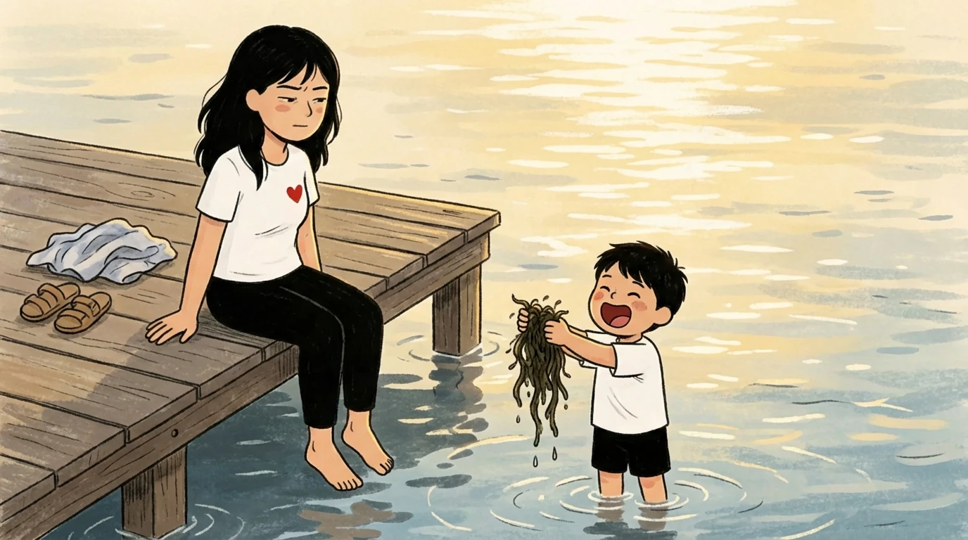 A child standing in water holds up seaweed while a parent watches from a dock during child-led play