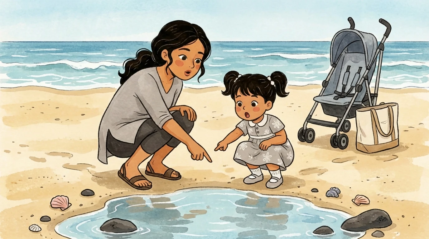 A parent crouches beside a toddler exploring a tide pool on the beach with a stroller nearby