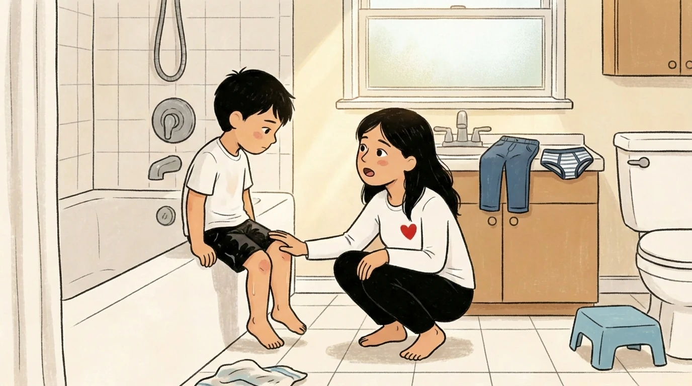 Adult kneeling in bathroom beside child sitting on bathtub edge; wet clothes on floor and spare jeans nearby