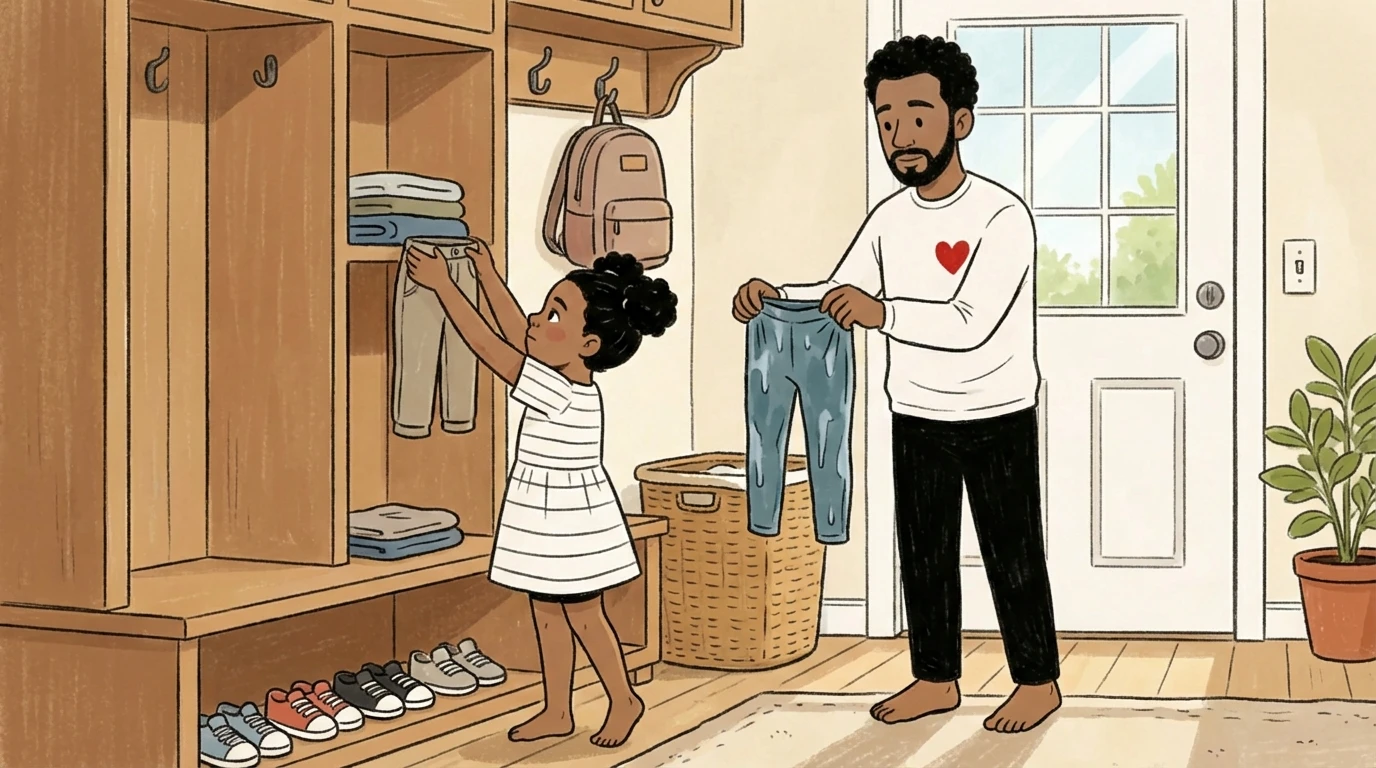 Adult and child at mudroom cubby holding jeans and folded clothes after a potty accident