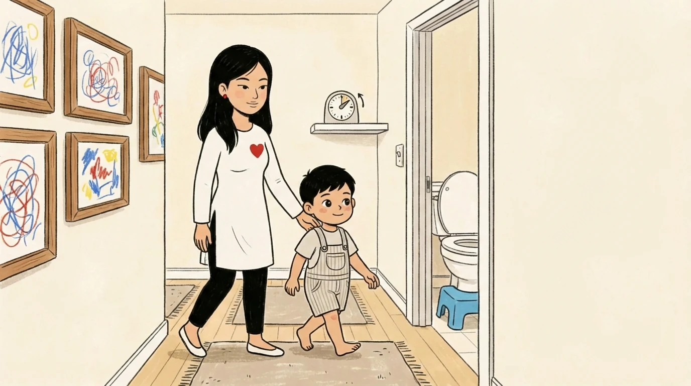 Adult guiding young child down hallway toward bathroom; clock on wall and toilet visible through doorway