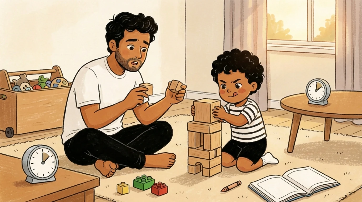 Adult and young child sitting on floor building block tower; two clocks visible and open notebook nearby