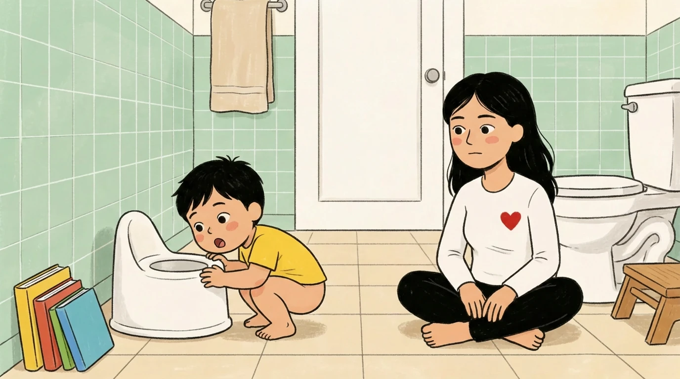 Illustrated toddler in yellow shirt examining a small potty on a bathroom floor while a parent sits nearby watching