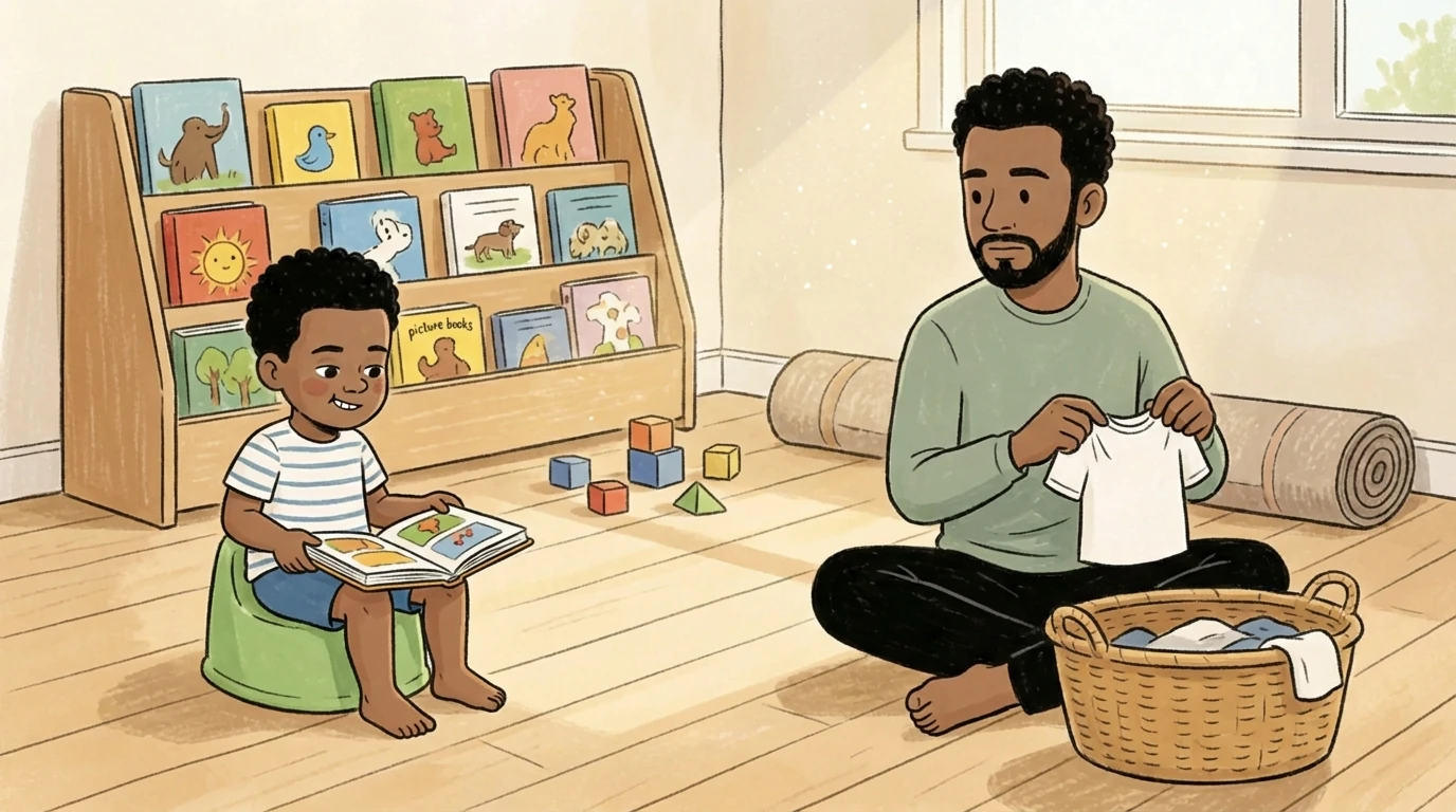 Toddler sitting on a potty chair reading a book while a parent folds laundry, following child readiness cues