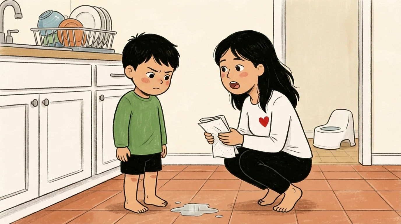Child standing near a floor accident in the kitchen as a parent crouches down; a potty chair sits in the background