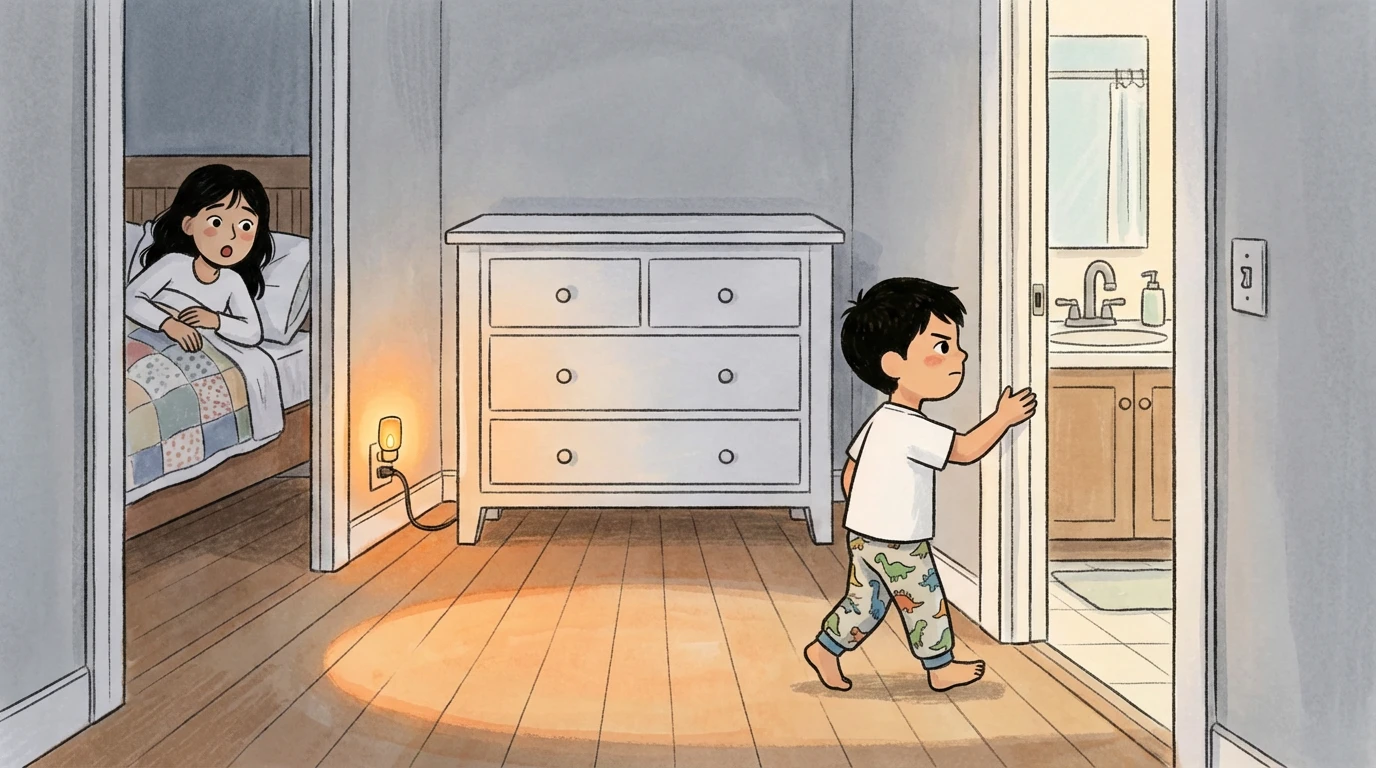 Young child in patterned pants walking toward a bathroom doorway at night while a parent watches from bed