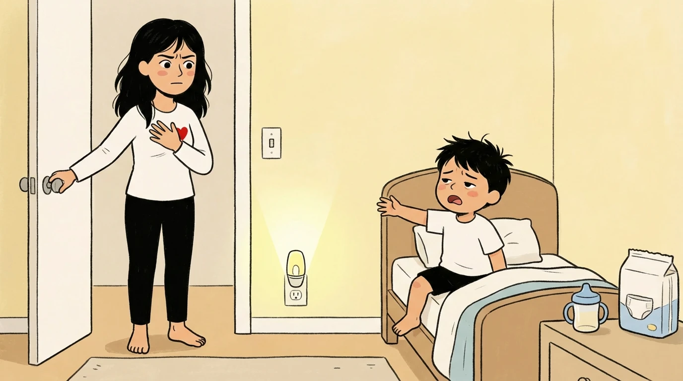 Parent opening bedroom door at nighttime as toddler sits up in bed beside a diaper pack and night light