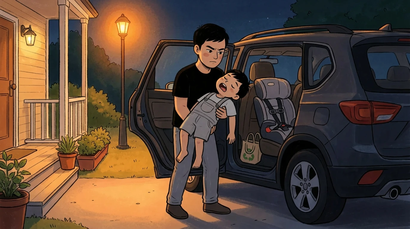 Adult carrying a drowsy child out of a car at dusk until they reach the lit front porch