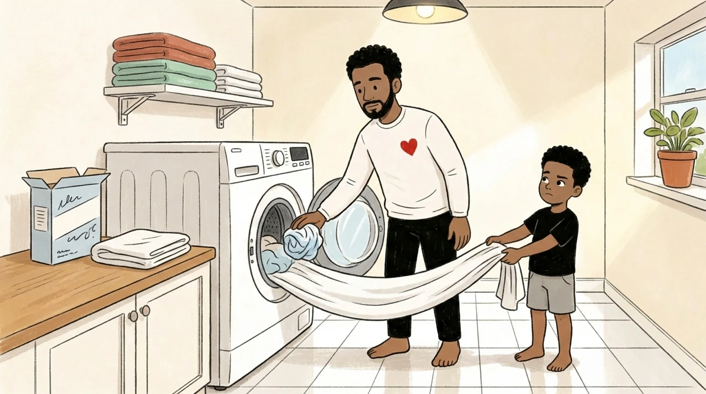 Parent and young child loading wet bed sheets into a washing machine after a nighttime accident