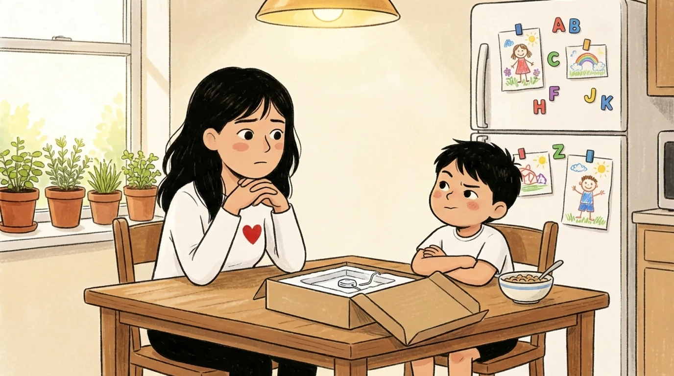 Parent and child sitting at a kitchen table with an open box discussing dryness tips