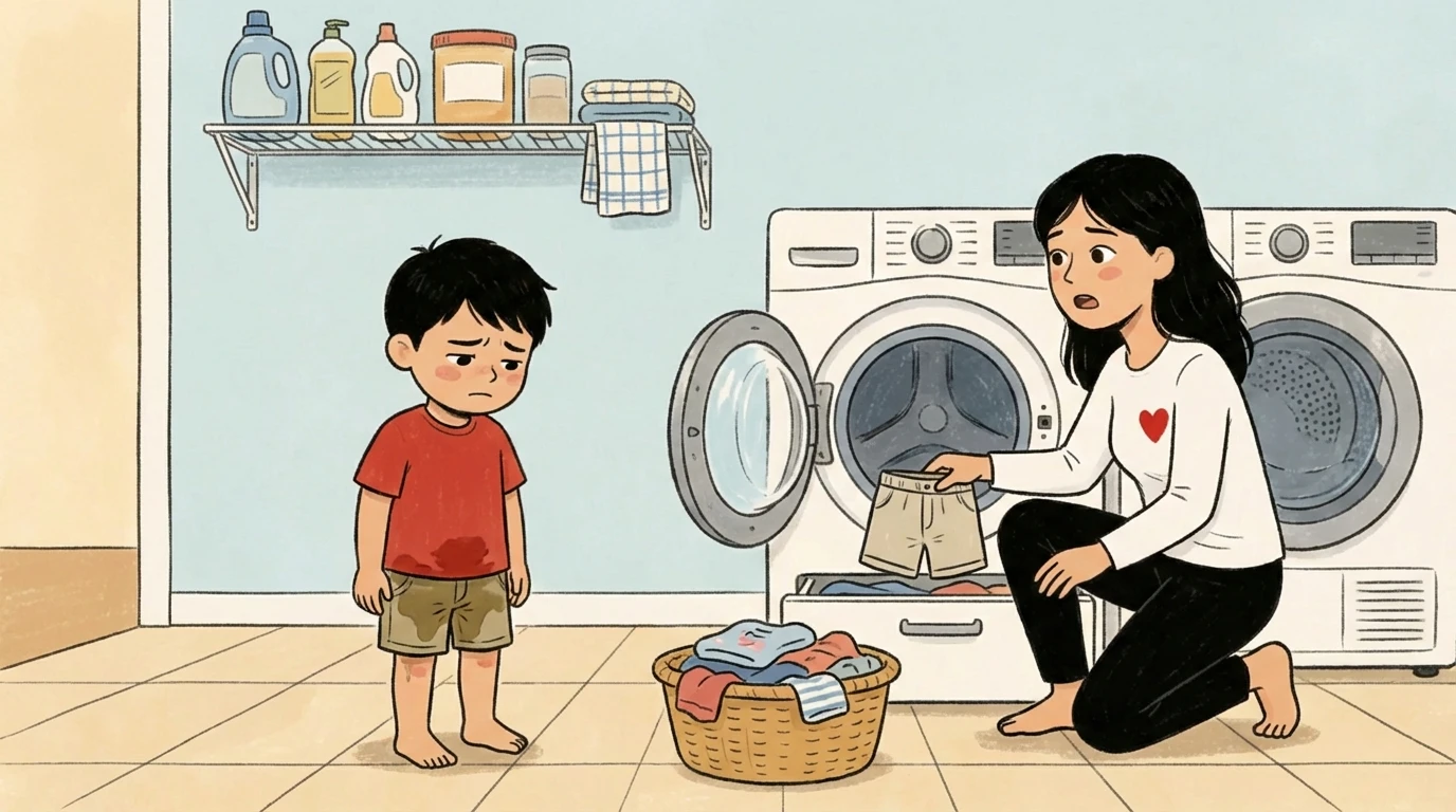 Child in wet shorts standing in laundry room while parent kneels at washing machine after potty accident