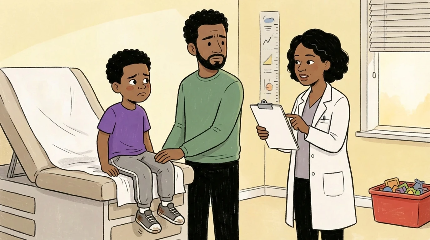 Parent and child at pediatrician visit to check for constipation causing potty training regression
