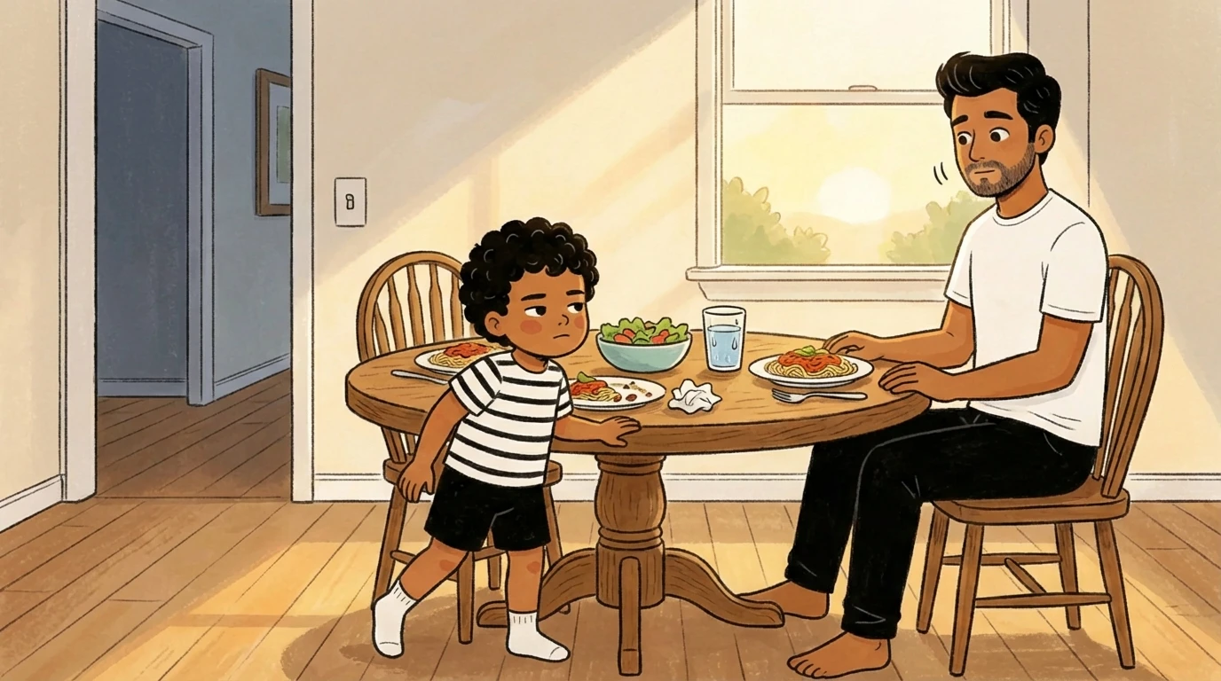 Toddler standing at kitchen table during mealtime routine that supports potty training consistency