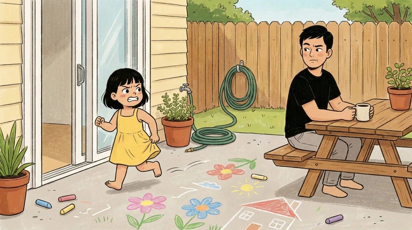 Young child running on chalk-covered patio while parent sits nearby during calm outdoor play time