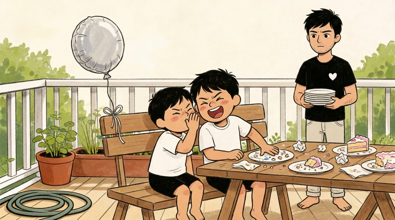 Two young boys laughing at an outdoor table as an adult watches illustrating potty talk humor