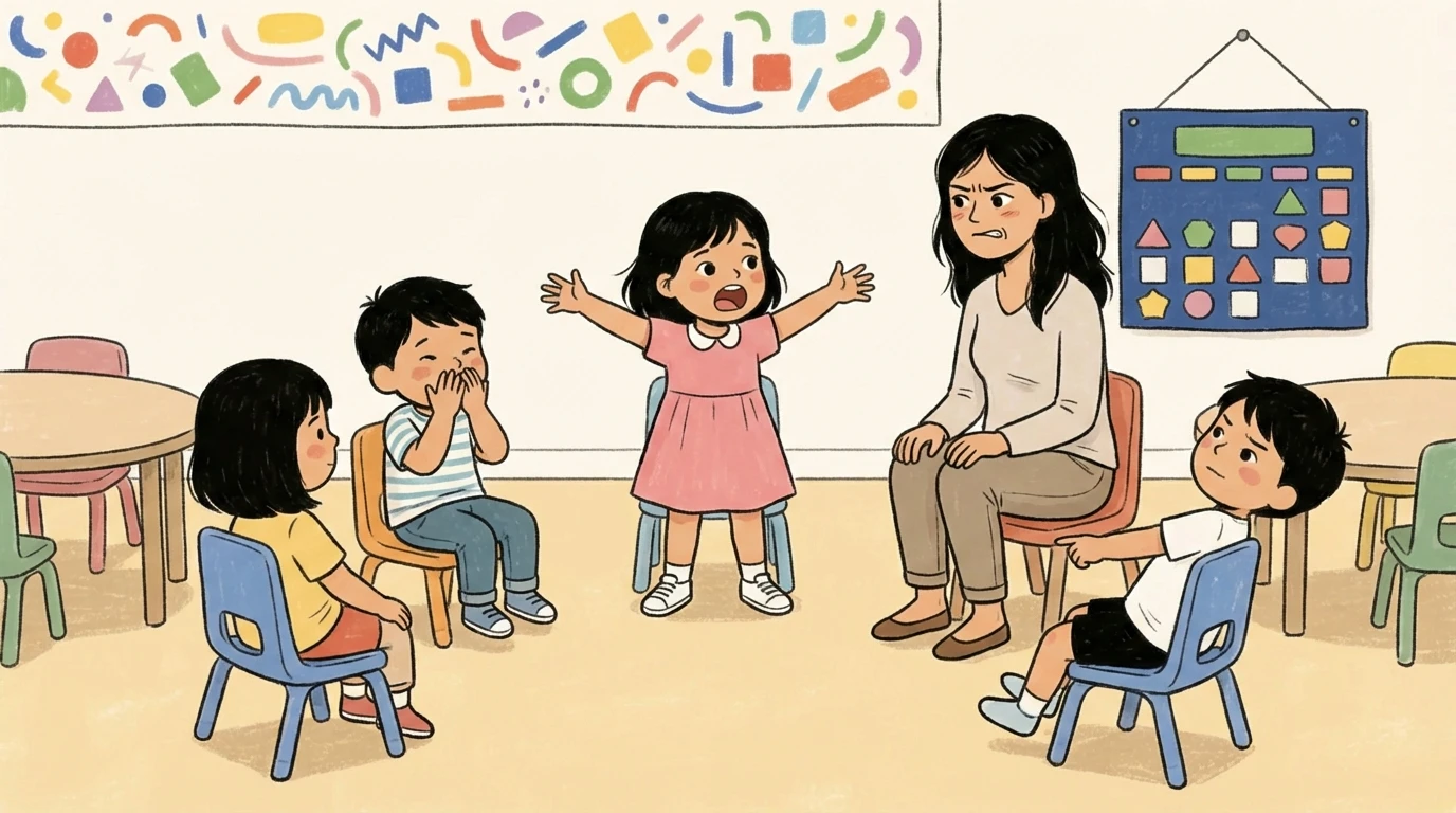 Young child shouting with arms raised in a classroom circle as teacher and classmates react to her potty talk
