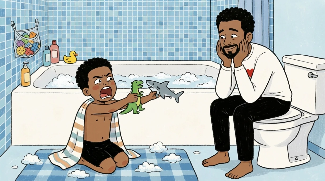 Toddler wrapped in a towel holds toy dinosaurs by the bathtub while an adult sits on the potty nearby