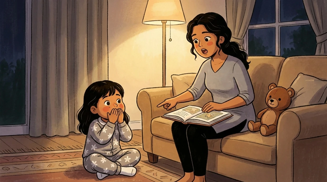 Woman on a sofa points to an open book while a young child in pajamas sits on the floor covering her mouth