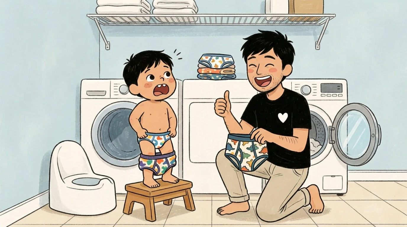 Adult gives thumbs up to toddler in training pants standing on step stool beside potty in laundry room