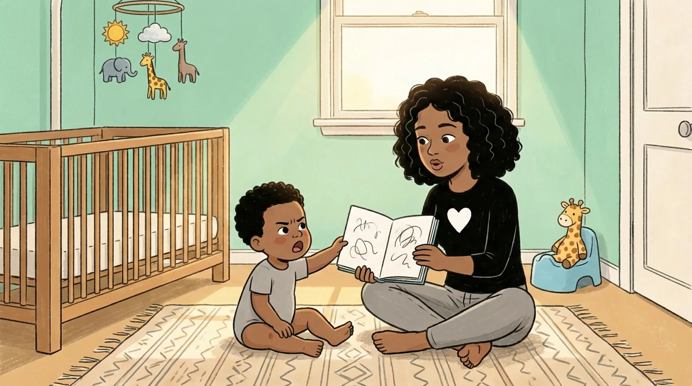 Adult sitting on floor showing picture book to toddler beside a crib and small potty in nursery