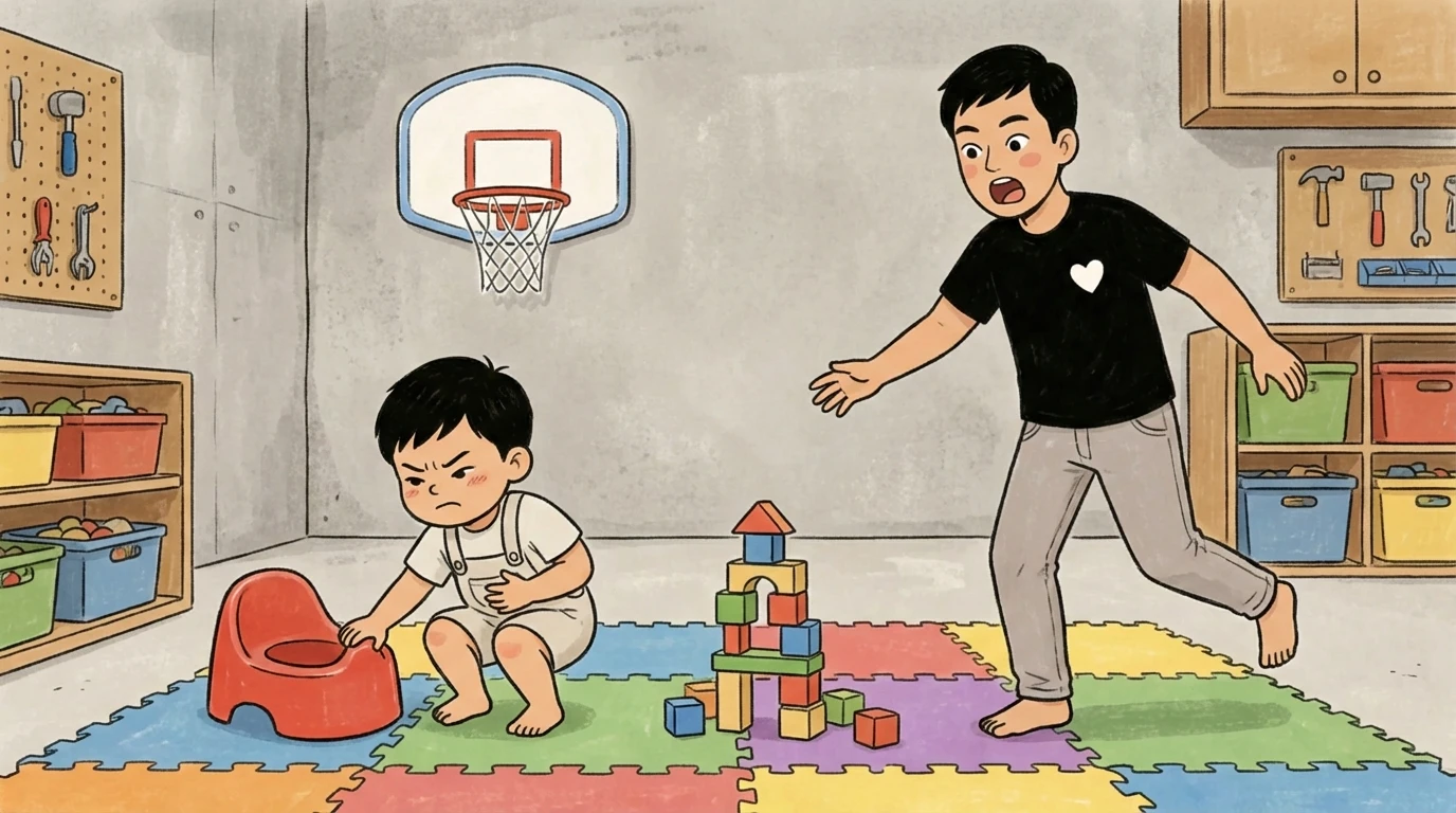 Adult rushing toward toddler playing with blocks on foam mat next to a small potty in playroom