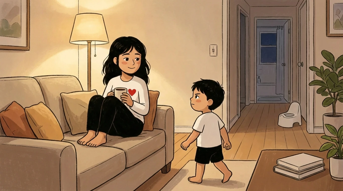 Adult on sofa holding a mug while pants-free toddler walks toward a potty visible in the hallway