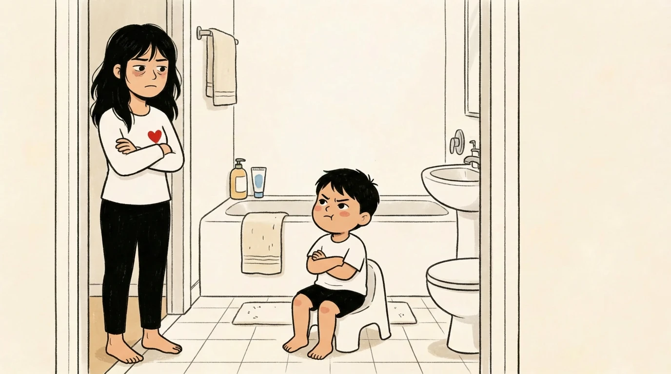 Toddler sits arms-crossed on a potty chair while parent stands in bathroom doorway during a training standoff