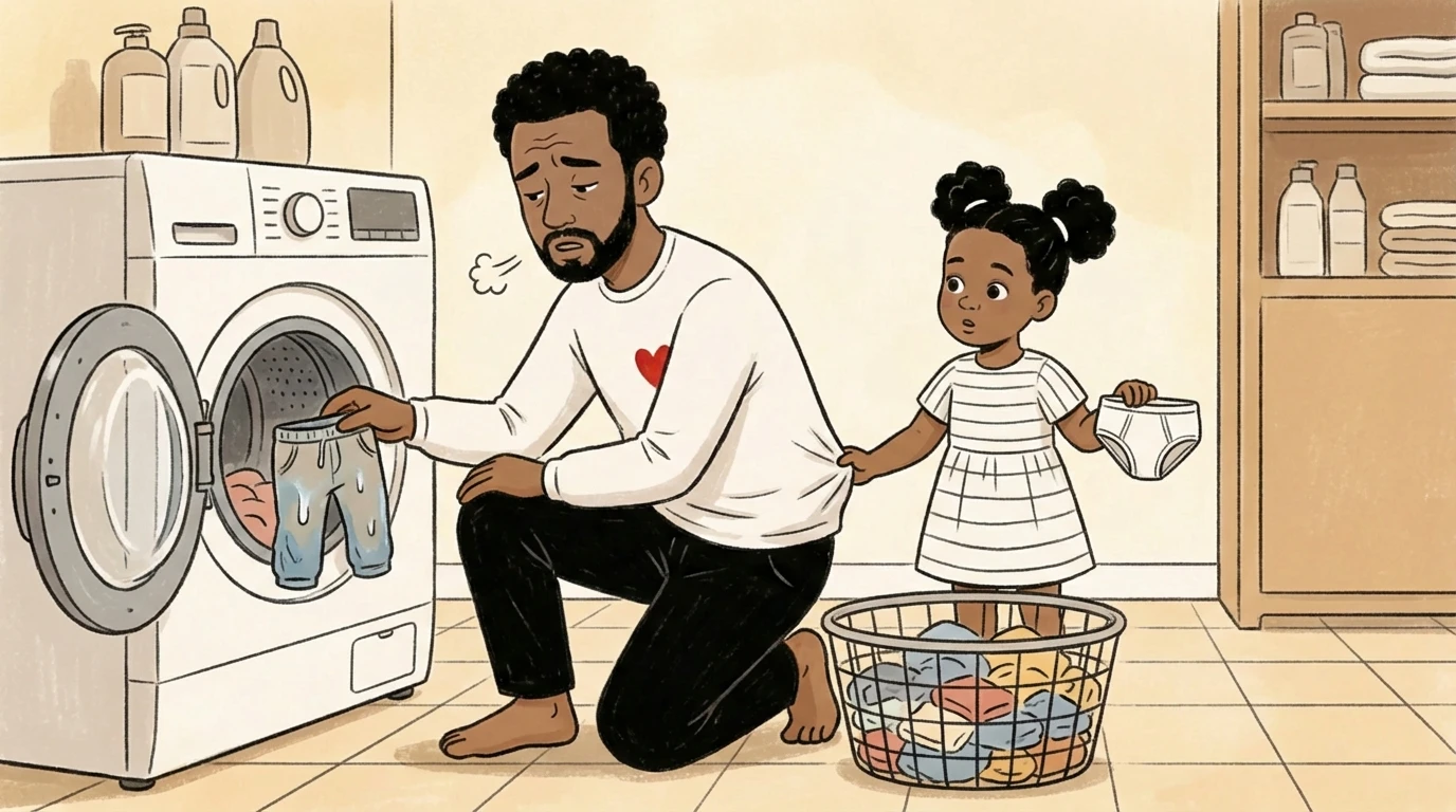 Parent kneeling at washing machine as child holds a diaper during a toilet training setback