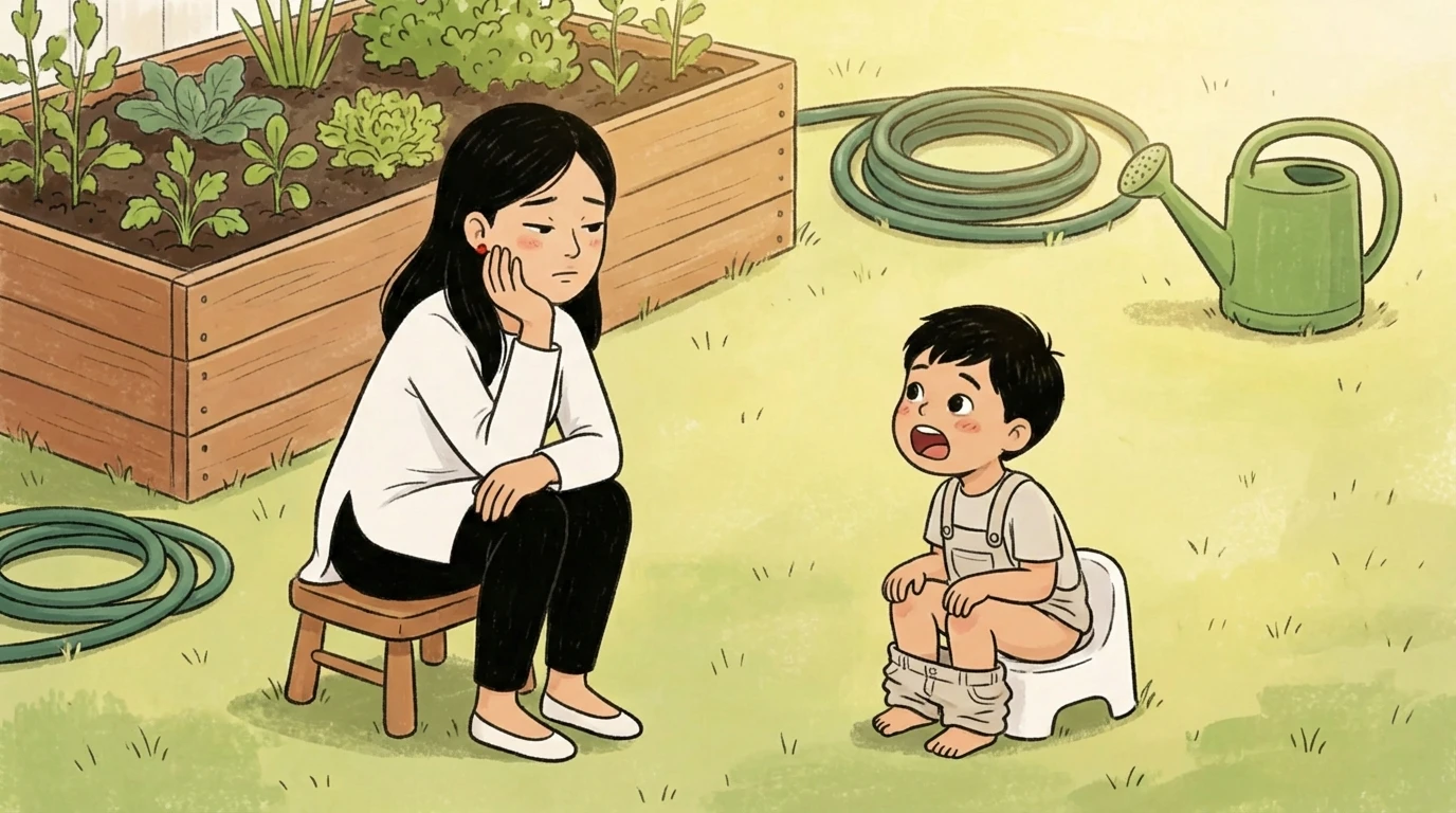 Parent seated on a stool outdoors while toddler uses a potty on the lawn to avoid bathroom struggles