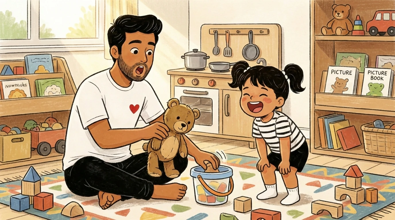 Parent uses a teddy bear to show a toddler how to use a small bucket in a playful training demo
