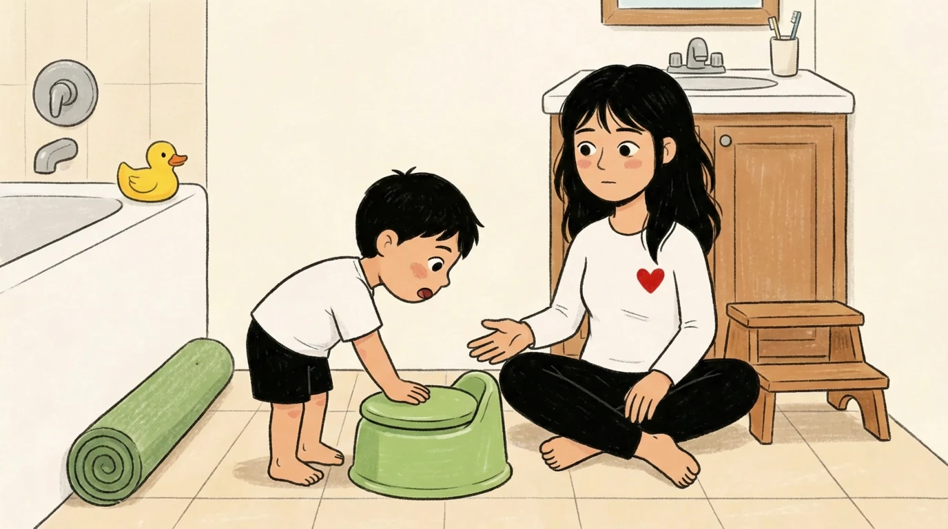 Toddler leaning over a small green potty on a bathroom floor while a parent sits beside them with a step stool nearby