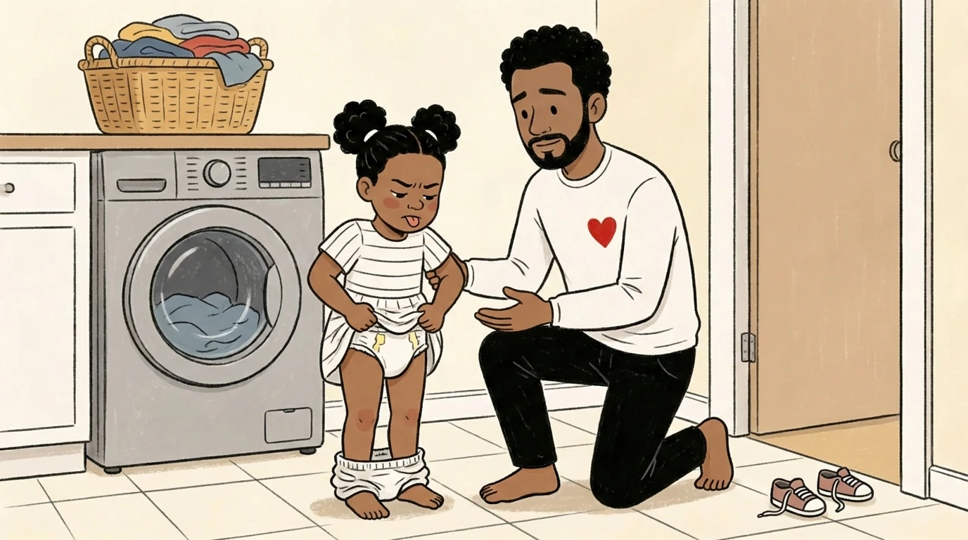 Toddler in a diaper pulling at the waistband while a parent kneels beside them near a washing machine