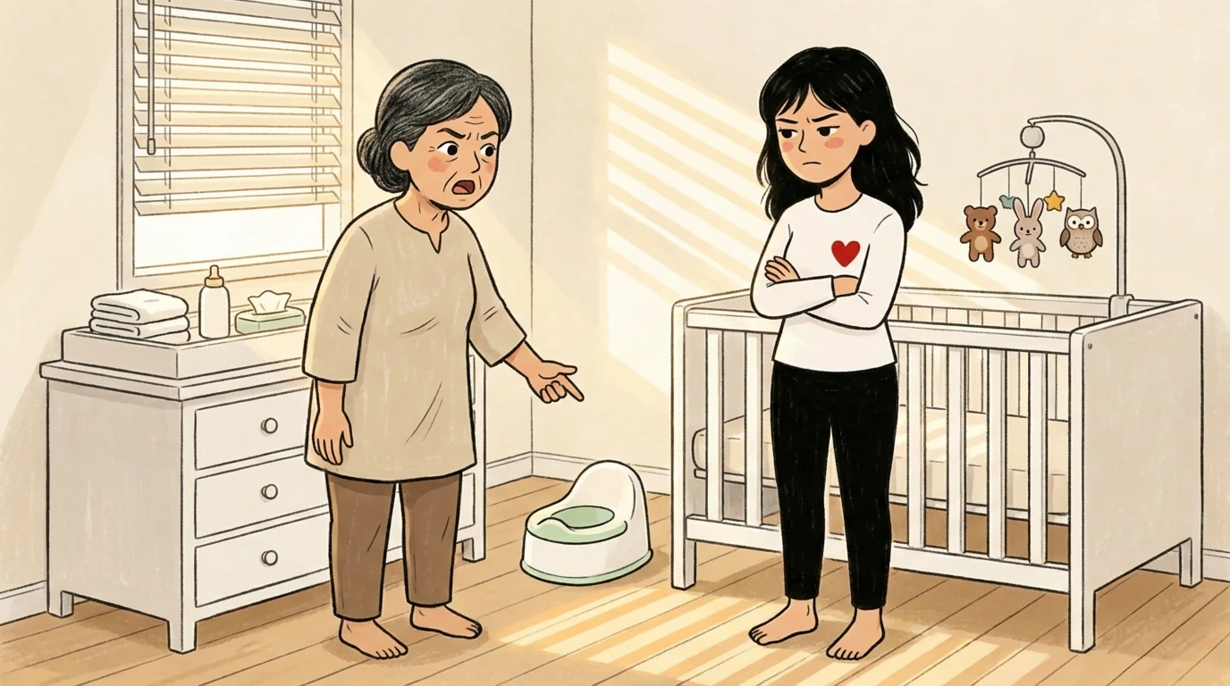 Two adults standing in a nursery near a crib with a small potty on the floor between them