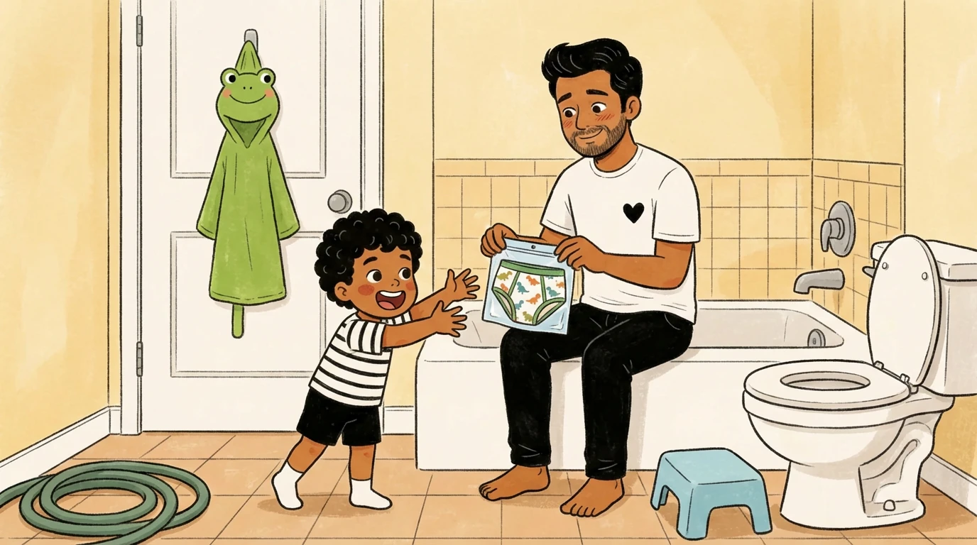 Parent holding up patterned training underwear for a toddler in a bathroom with a toilet and step stool