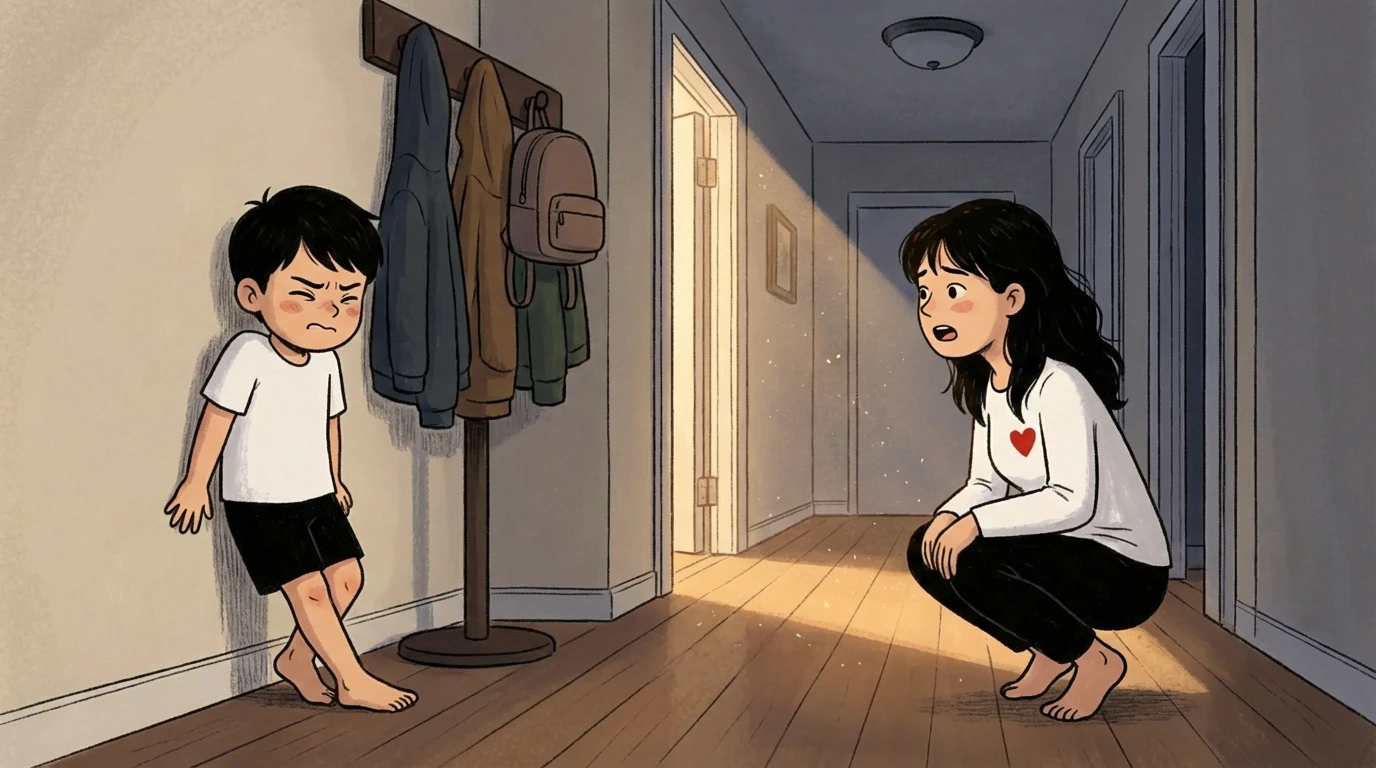 Child pressing against a wall while a parent crouches nearby - withholding behavior during potty training
