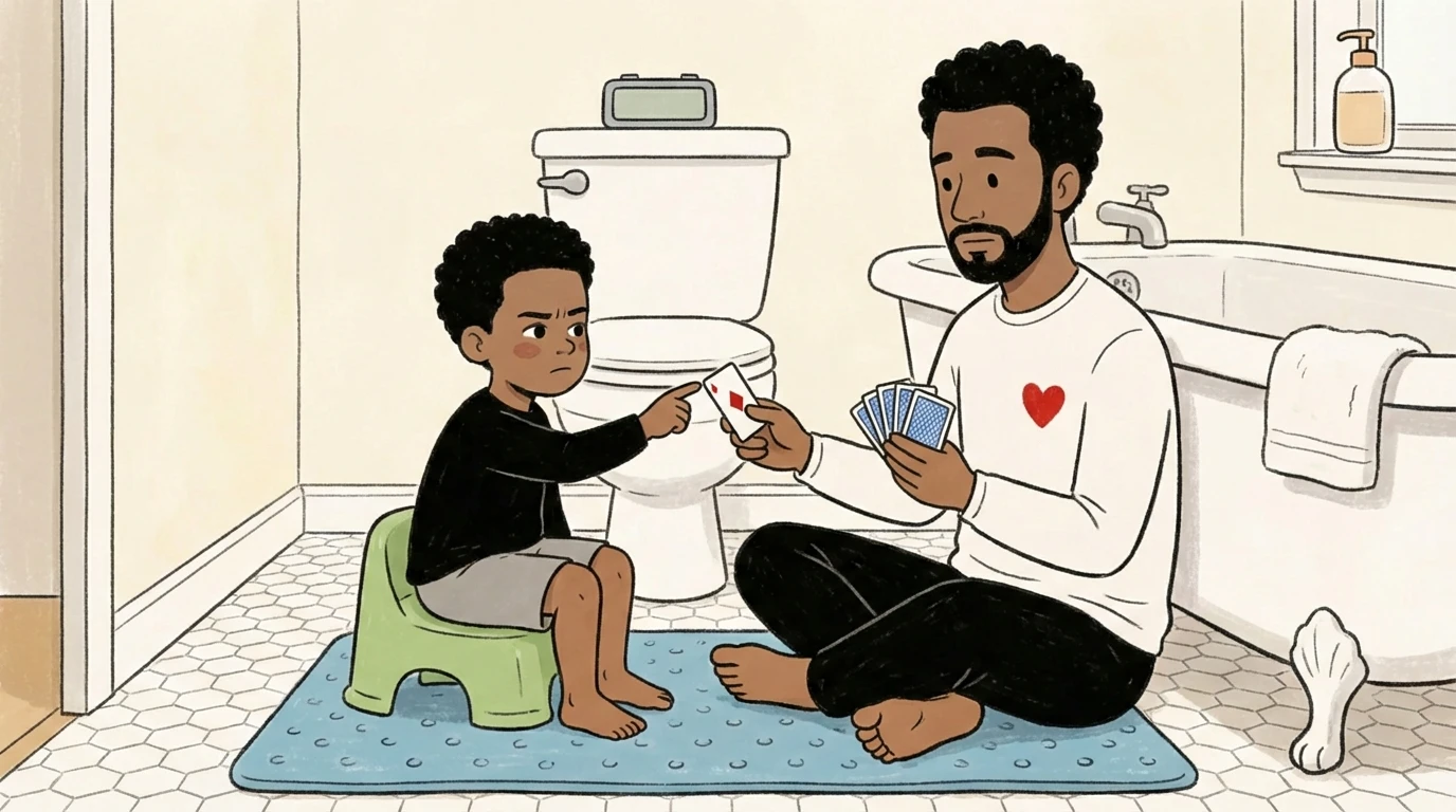 Parent on bathroom floor playing cards with toddler on a potty chair - reducing fear around constipation