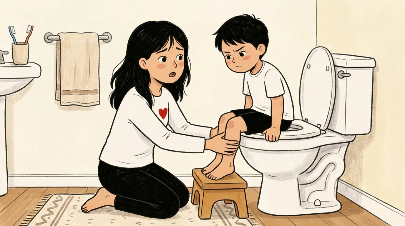 Parent kneeling beside child on toilet with foot stool - gentle support for fecal retention struggles