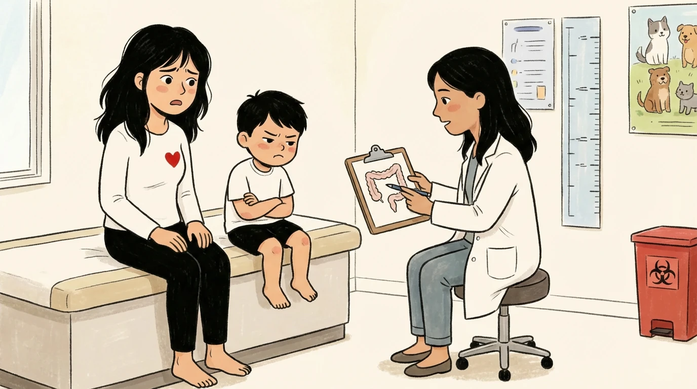 Doctor showing a colon diagram to parent and child - explaining the cycle of retention and constipation