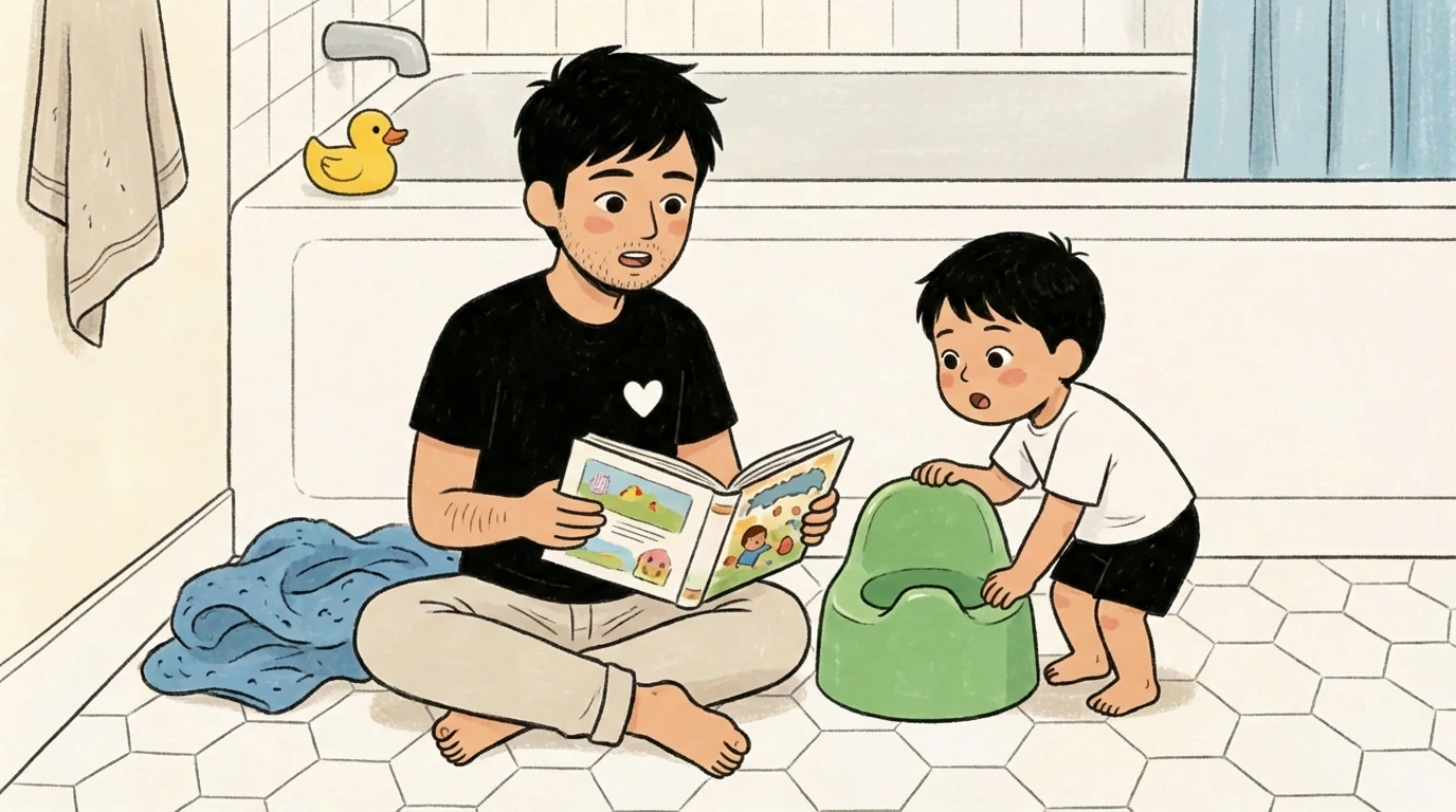 Adult reading a picture book to a toddler standing next to a green potty chair on a bathroom floor